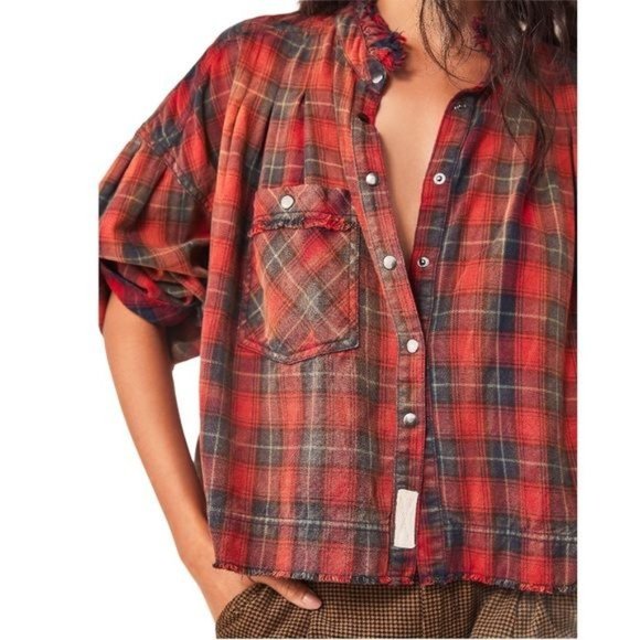 NEW Free People Emily Red Plaid Flannel Ruffle Shirt Jacket - XS - Picture 2 of 6